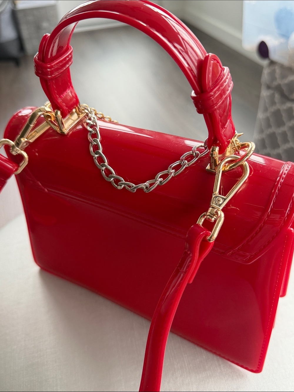 Red Patent Top-Handle Womens Bag with Gold Chain and Crystal Accent - Picture 2 of 3